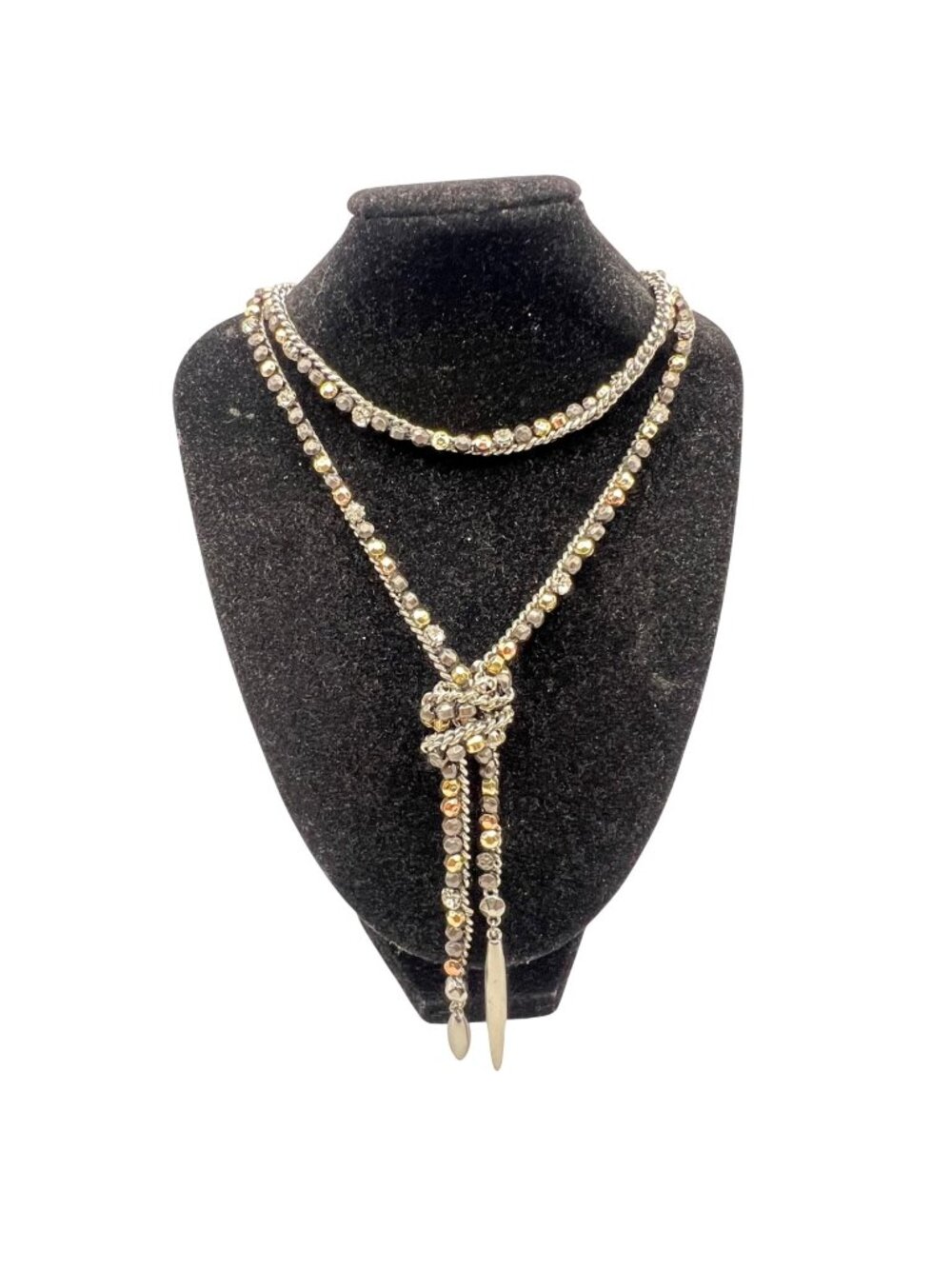 Hand-Beaded Mixed Metal Necklace Curb Chain 4" Lariat Silver Tone Black Gold 27"